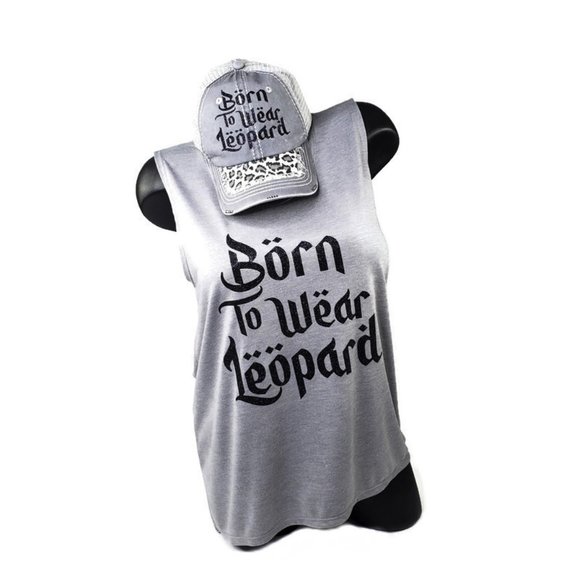 Born to Wear Leopard Gray Sleeveless Tee with Hi-Lo bottom hem. - Picture 5 of 8